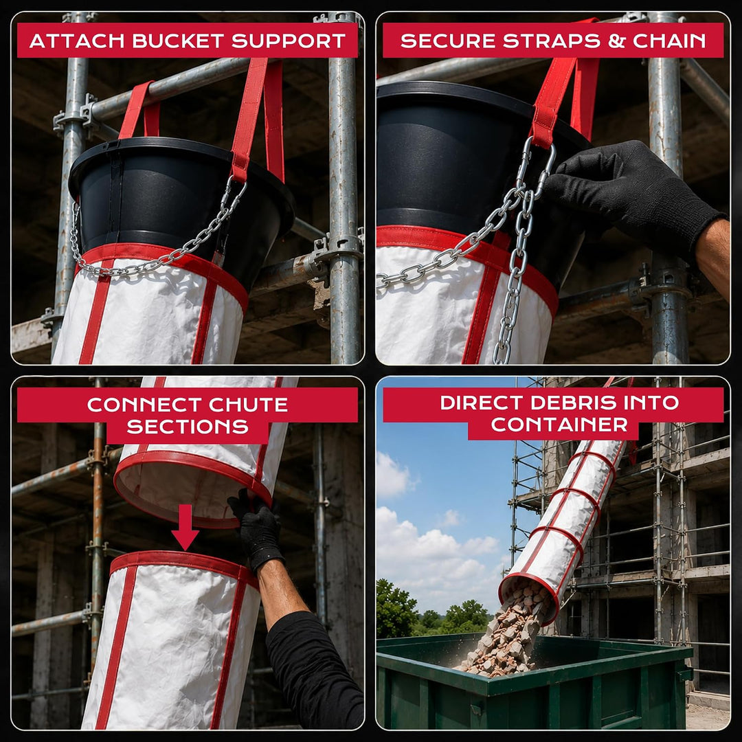 Flexible Schuttrutsche 6m | Bauschuttrutsche mit Einfülltrichter | Spanngurten &amp; 25x30kg Säcke, Robu