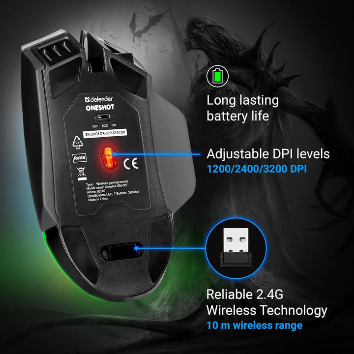 Defender® Oneshot Gaming Maus Kabellos – 2.4 GHz Wireless, 3200 DPI, RGB, 5 Programmierbare Tasten,