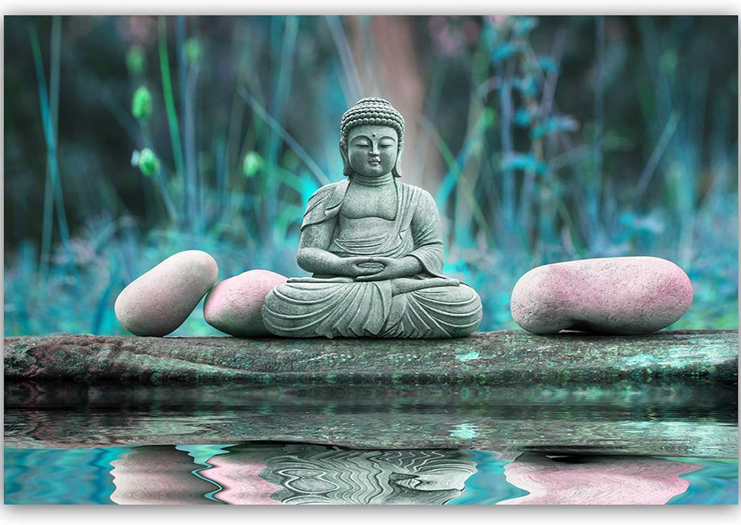 Feeby Wanddeko XXL Buddha Leinwandbild 5 Teilig Natur Wasser Steine Zen blau 100x70 cm Leinwandbild