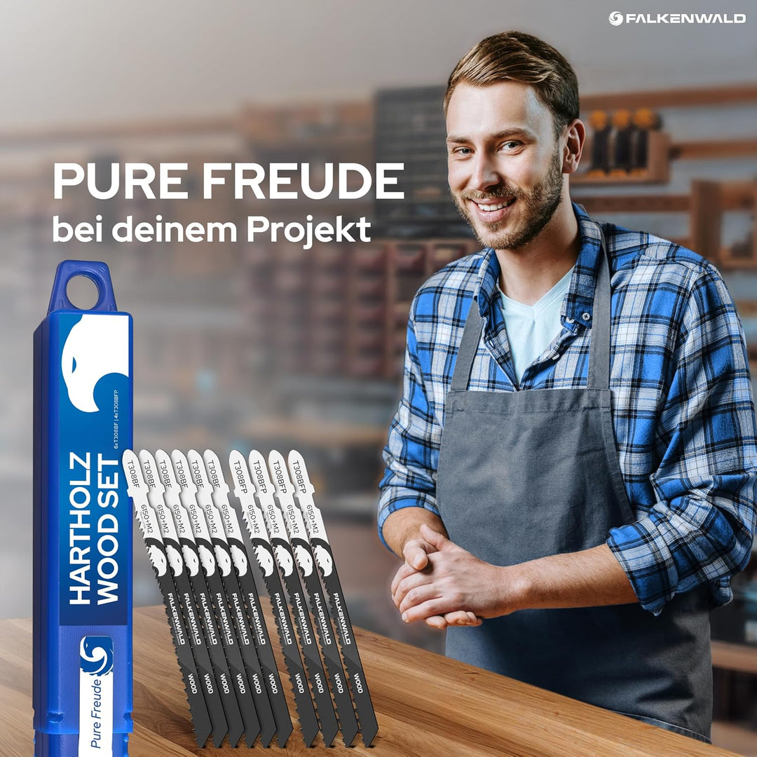 FALKENWALD® Stichsägeblätter Holz Set 10tlg - 6x T308BF + 4x T308BFP - T-Schaft HCS - Für Hartholz,