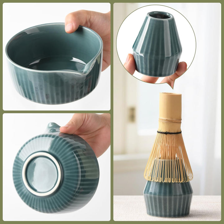 Matcha Set Premium 7-teilig Keramik: Matcha Schale, Bambus Besen (Chasen),Teebesenbasis，Teelöffel, S