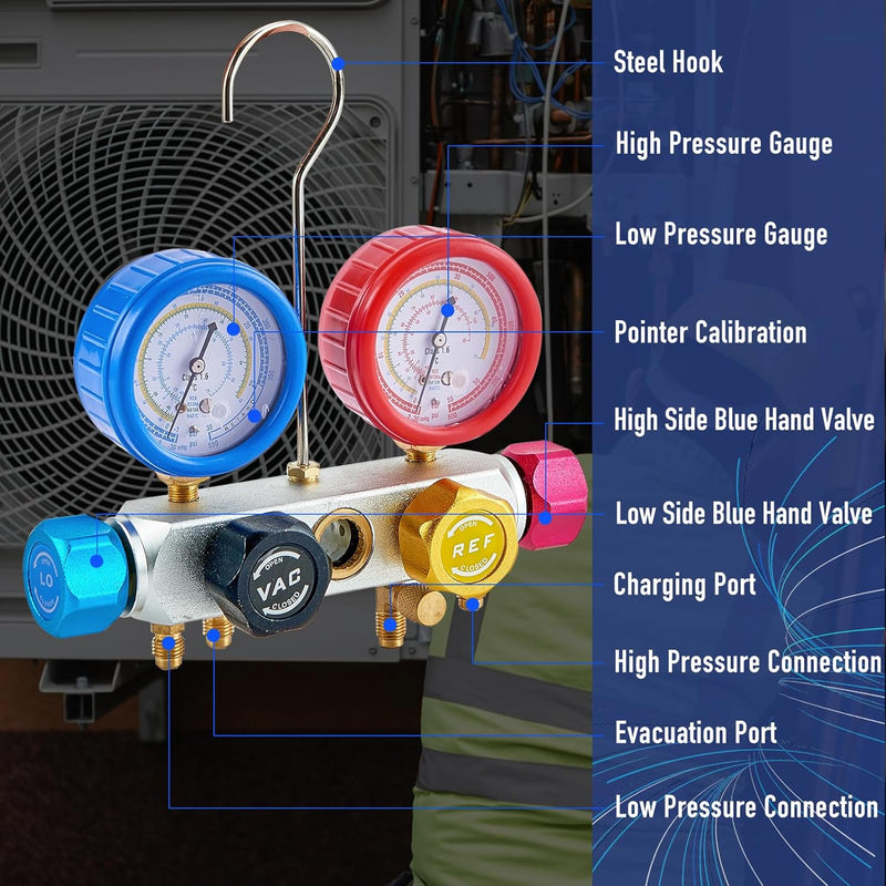 BACOENG 3CFM Vakuumpumpe 4-Wege Manifold Gauge Set für HVAC/Auto AC Kältemittelaufladung, Ideal für