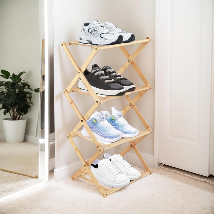 Kleines Schuhregal Platzsparend, Bambus Faltbares Schuhregal Schmal, Multifunktionale 4 Ebenen Veran