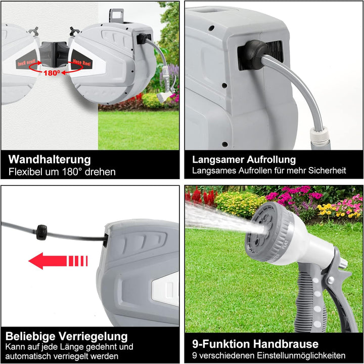 Schlauchtrommel Wasser 30+2m mit Wandhalterung/Handbrause/Montagematerial, Aufroll-Automatik Schlauc
