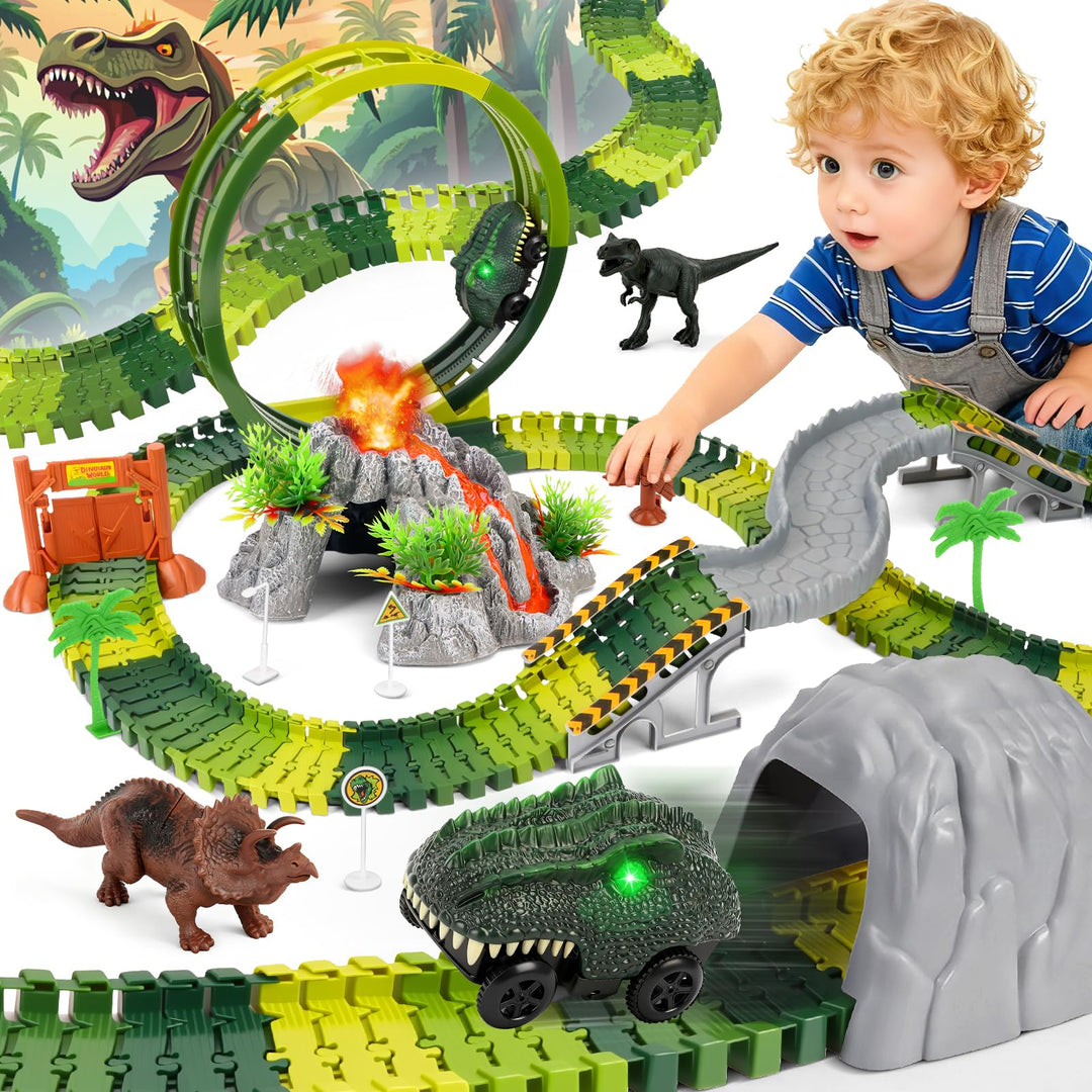 JONRRYIN Autorennbahn für Kinder, Dinosaurier Rennbahn Spielzeug mit Elektroauto, 360° Looping Dino