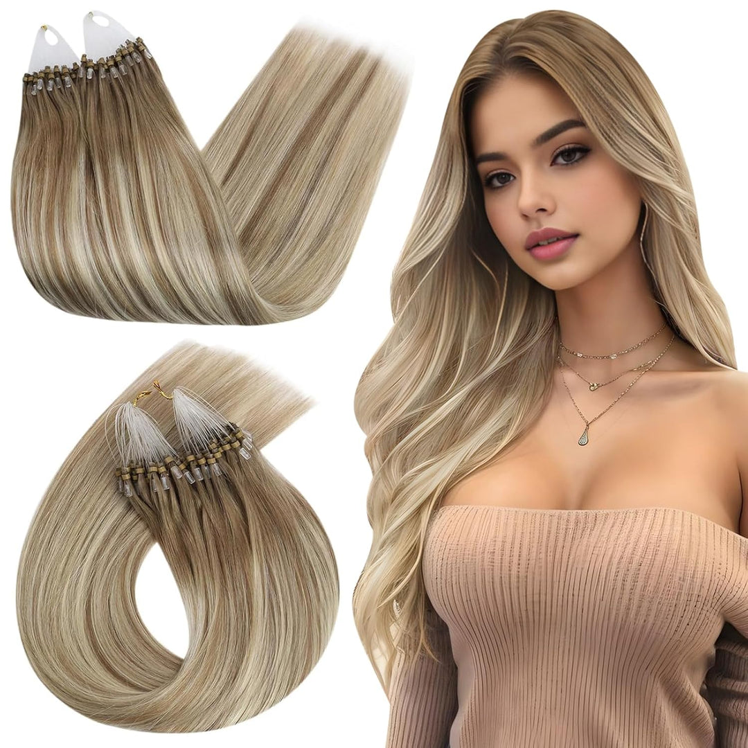 Ugeat 50cm Micro Loop Extensions Echthaar Balayage 9A/60/9A Hellbraun mit Platinblond Echthaar Verlä