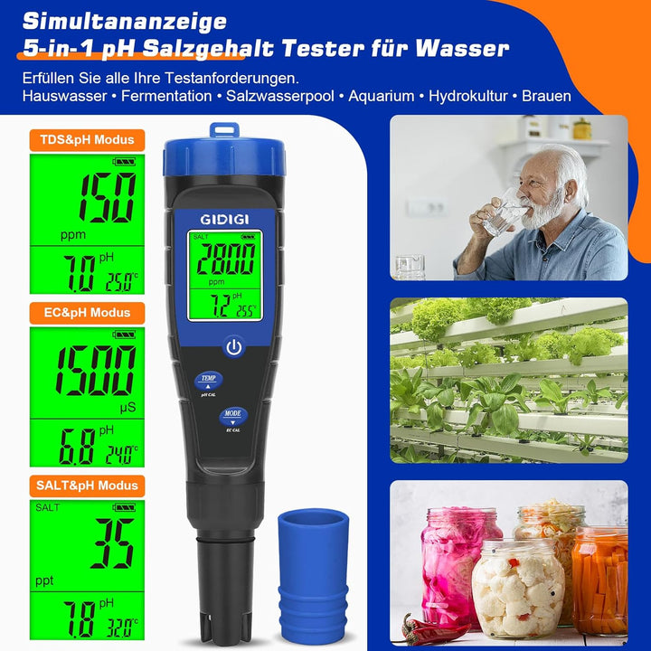 pH Messgerät Salztester für Pool,Digitales 5-in-1 pH TDS EC Salzgehaltmessgerät mit Kalibrierungslös