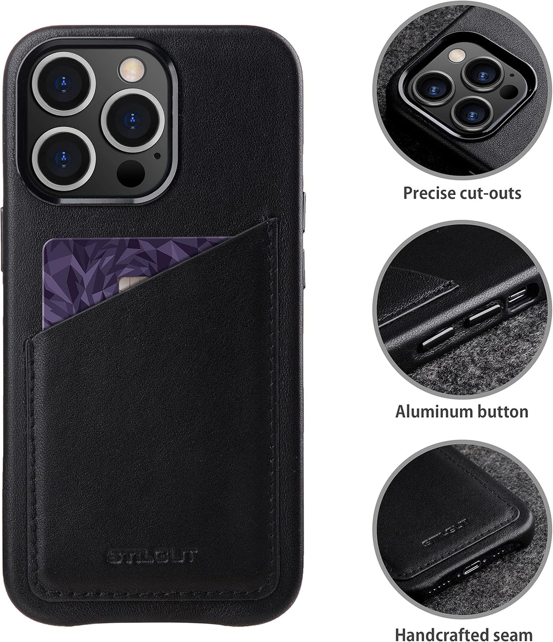STILGUT Cover kompatibel mit iPhone 13 Pro Max Hülle mit Kartenfach, Case aus Leder, Kartenhülle - S