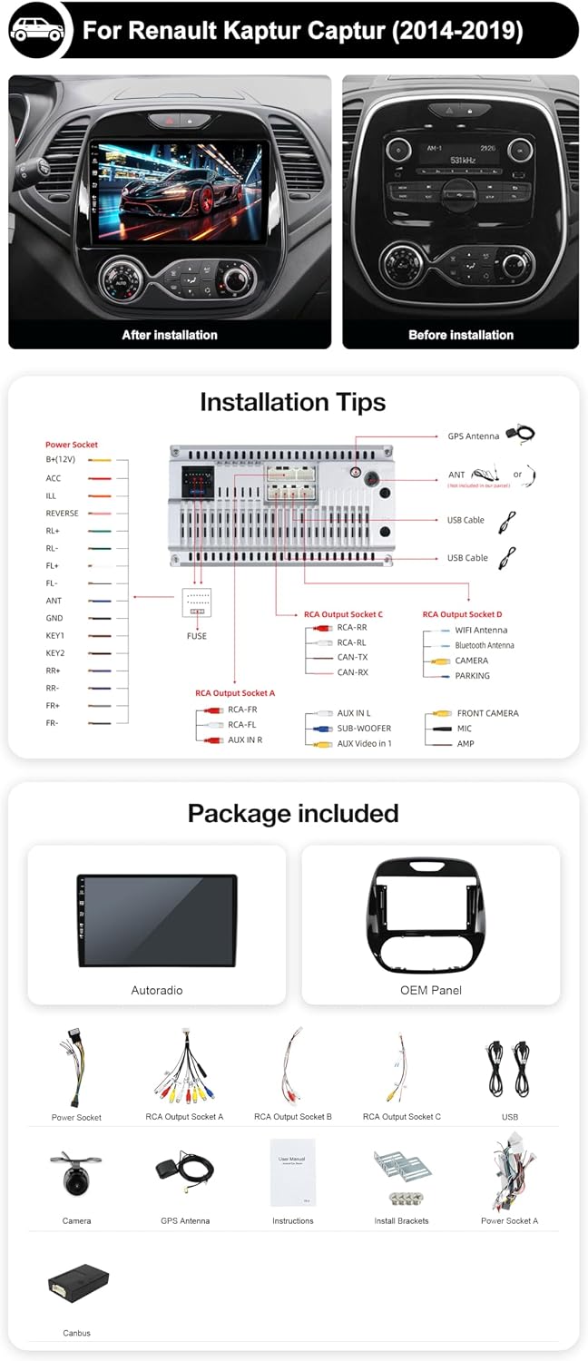 Android 15 IPS Autoradio für Renault Kaptur Captur (2014-2019) Radio GPS Navigation - 2G+64G - Rückf