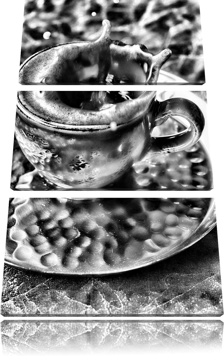 Pixxprint Monocrome, Kaffee spritzt aus Tasse 3-Teiler Leinwandbild 120x80 Bild auf Leinwand