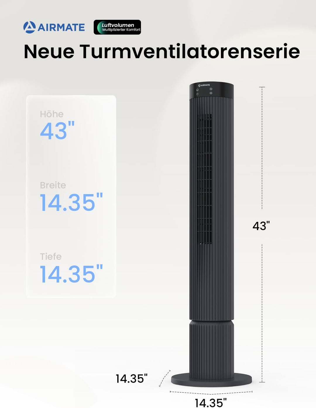 AIRMATE Turmventilator, 12 Geschwindigstufen Ventilator mit Fernbedienung 10m/s Geschwindigkeit, 110