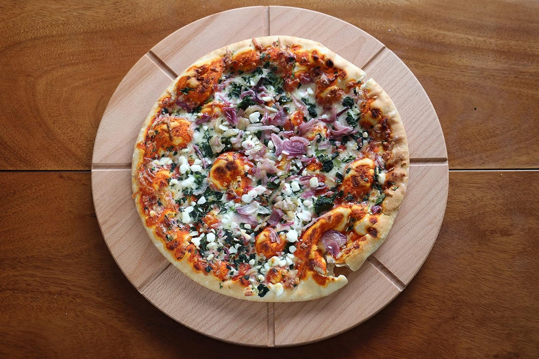EFO Pizzateller Holz 35 cm | Pizzabrett gross aus langlebigem Buchenholz | Schneidebrett mit 8-fache