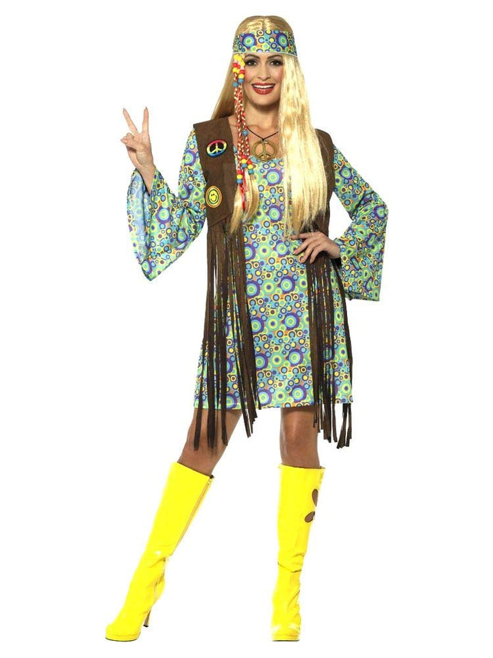 shoperama 60s Hippie Chick Damen-Kostüm Kleid Fransen-Weste Stirnband Kette 70er Jahre Seventies Six