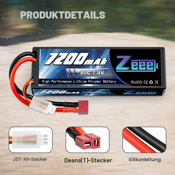 Zeee 2S Lipo Akku 7,4V 80C 7200mAh Hardcase Batterie mit T Stecker für RC Car RC Truck RC Auto Boot