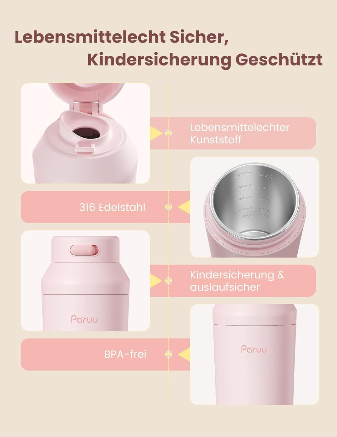 Paruu Tragbarer Flaschenwärmer Baby Unterwegs, Schnellaufheizen in 2 Min, 7-Stufige Temperaturregelu