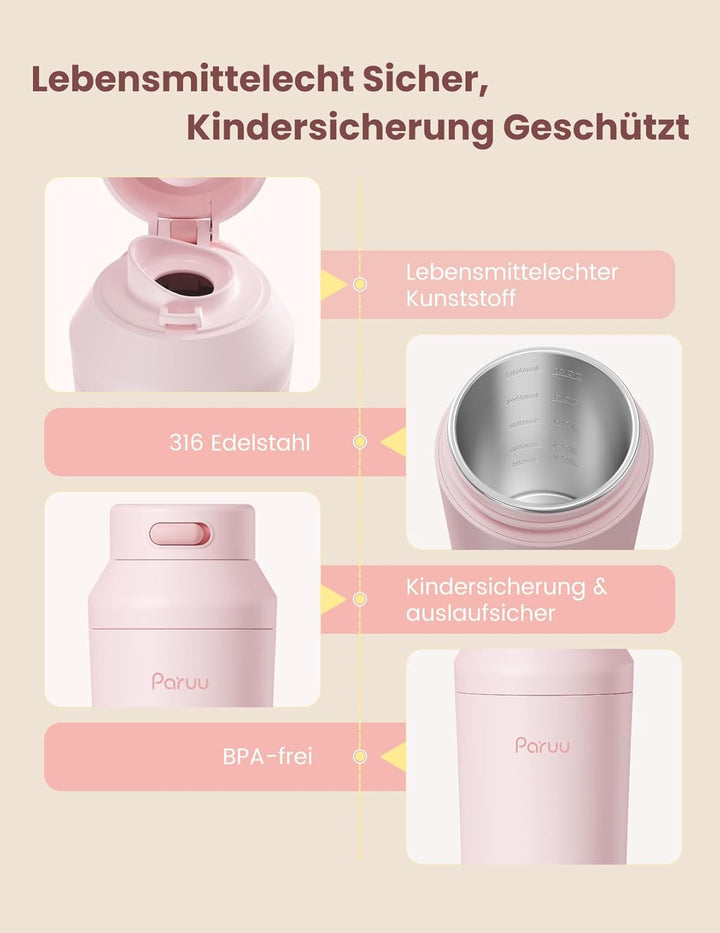 Paruu Tragbarer Flaschenwärmer Baby Unterwegs, Schnellaufheizen in 2 Min, 7-Stufige Temperaturregelu