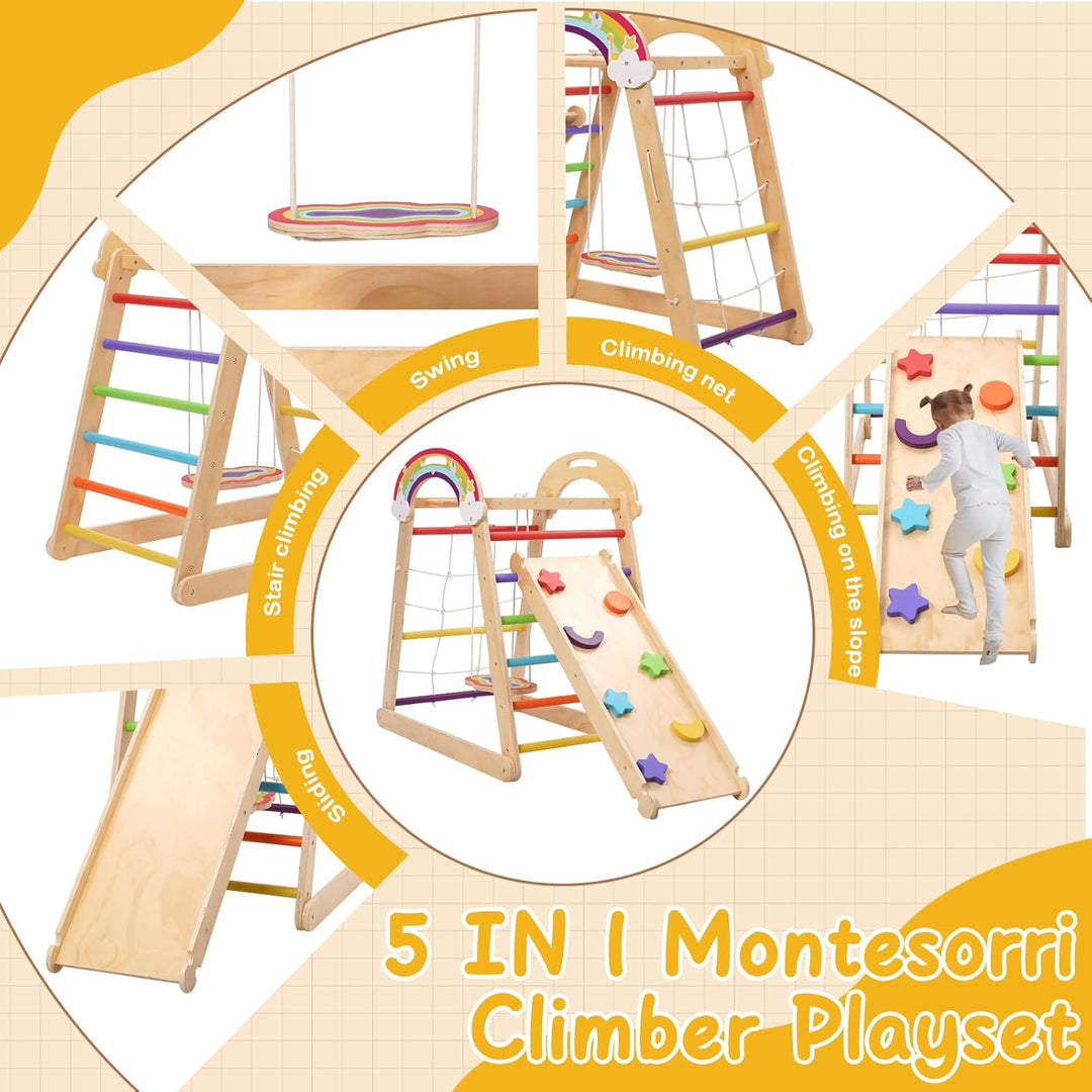Montessori Klettergerüst, 5 in 1 Indoor Spielplatz für Kinder, mit Schaukel, Bogen, Rutsche und Klet