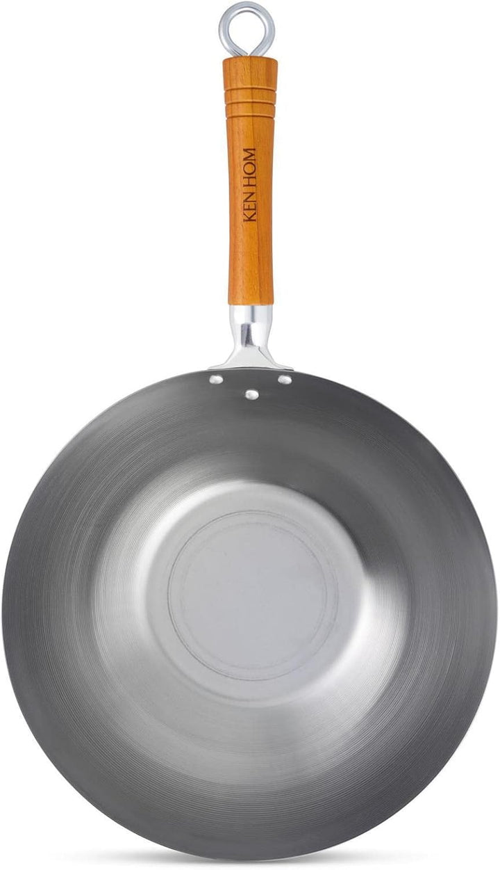 Ken Hom Wok Set 31 cm aus unbeschichtetem Karbonstahl mit Holzgriff - für alle Herdarten inklusive I