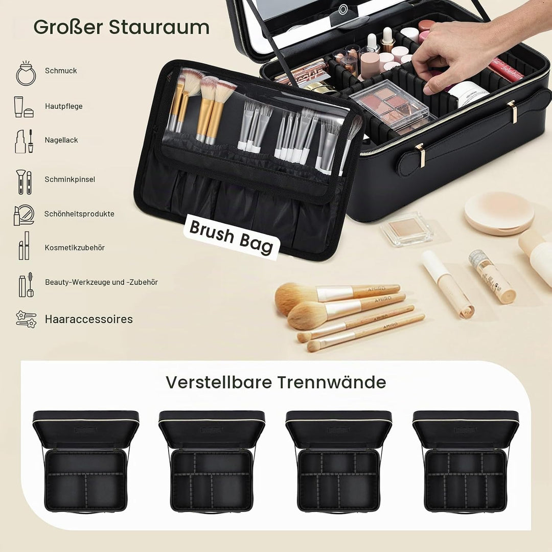 Leder-Kosmetiktasche mit LED-beleuchtetem Spiegel Reise-Kosmetikkoffer Einstellbare Helligkeit in 3