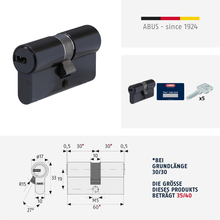 ABUS Profil-Zylinder D6XBL 35/40 mit Codekarte und 5 Schlüsseln - 96808 - schwarz Schwarz 35/40, Sch