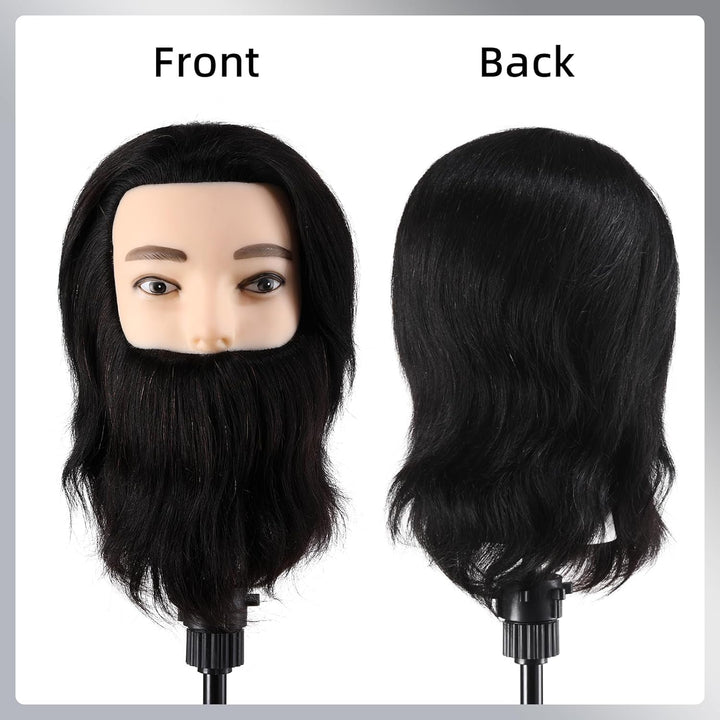 Mann Frisierkopf mit Ständer 100% Echthaar mit Bart Männlich Übungskopf Echthaar Friseur Kopf Puppen