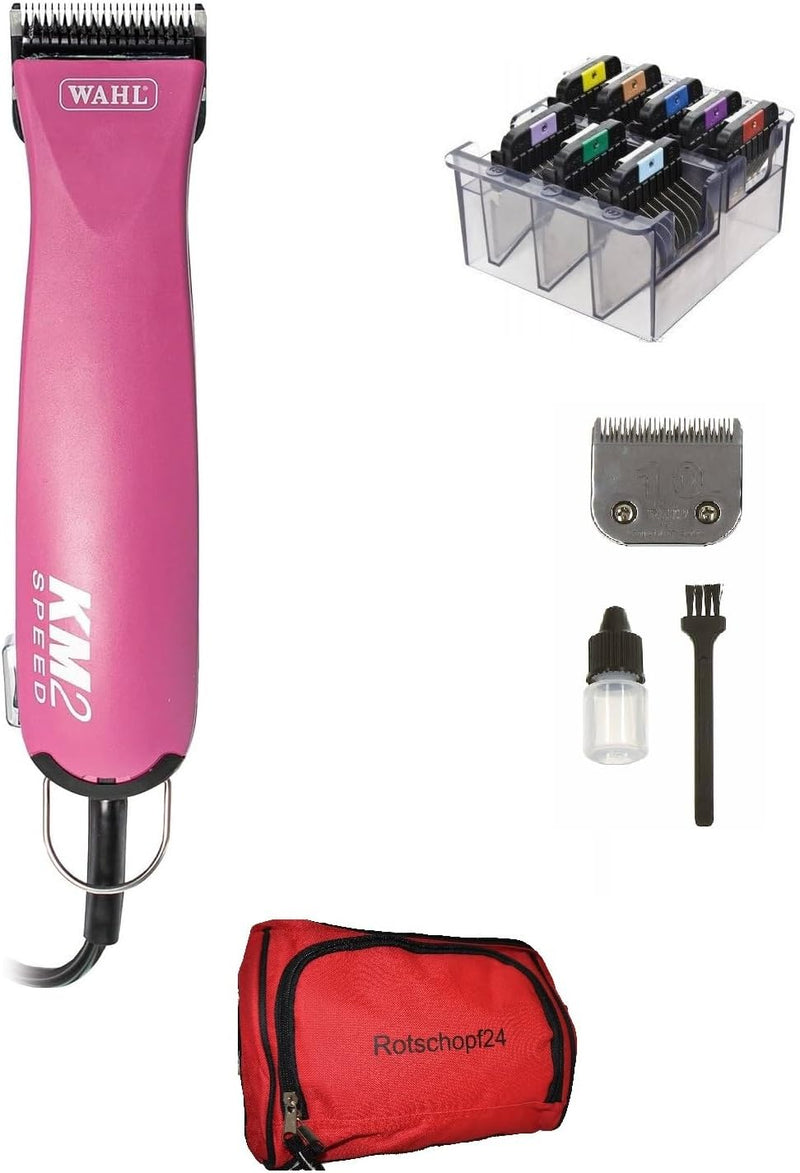 Rotschopf24 Edition mit Tasche: KM2 Hunde Schermaschine pink+ 8 Metallaufsätze (3-25mm). 45 Watt Pow