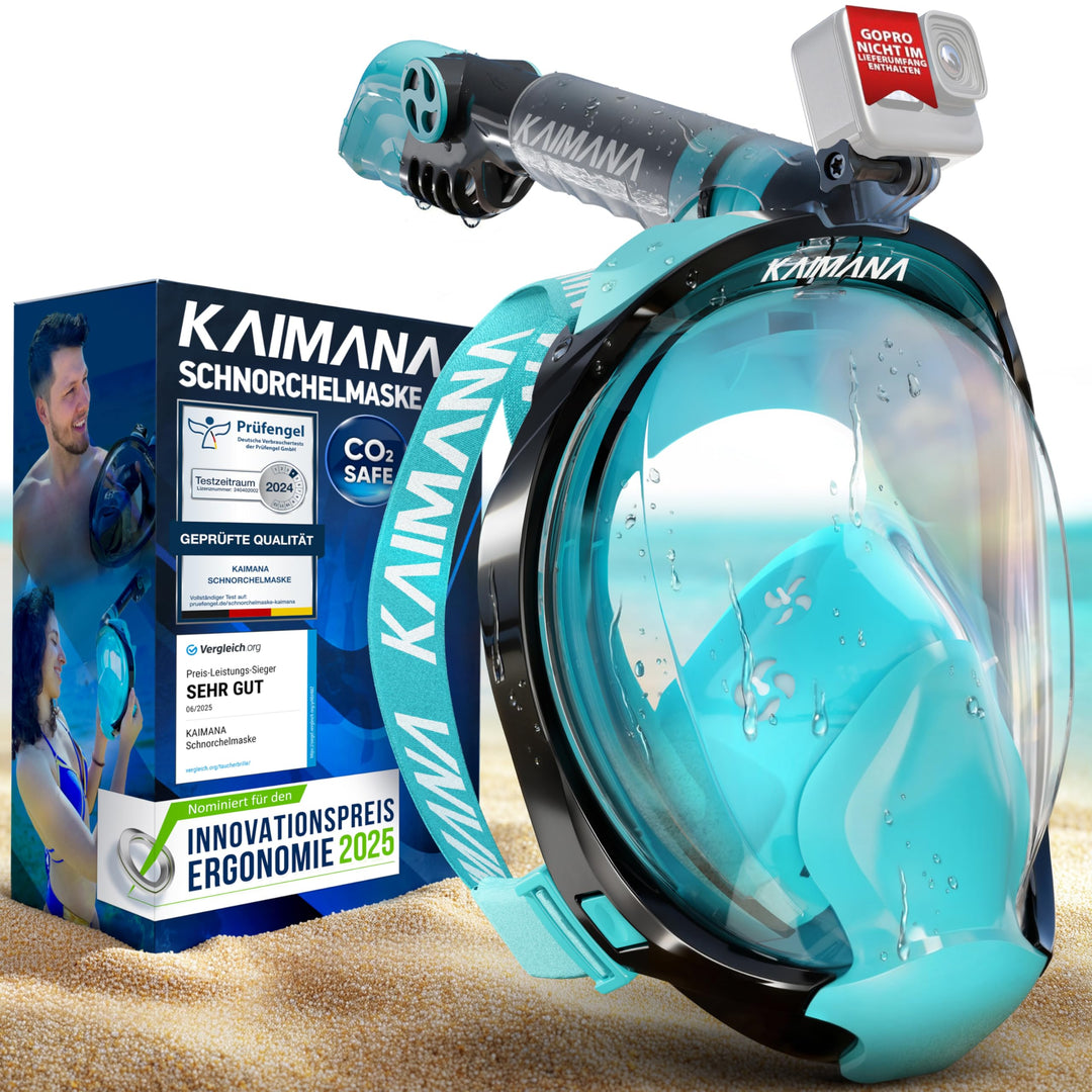 Die Preisgekrönte KAIMANA® Schnorchelmaske für Erwachsene & Kinder - absolut CO2 sicher - inkl. Trag