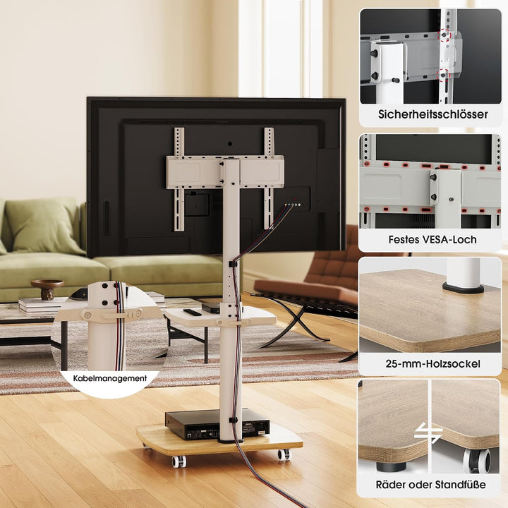 AOKCOS TV Ständer Rollbar mit Holzablage Regal, Fernsehständer auf Rollen für 32-65 Zoll Fernseher,