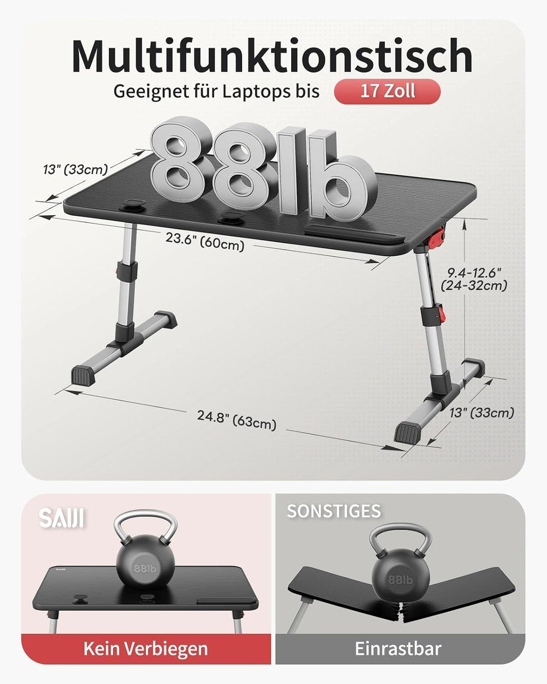 Tisch, SAIJI Betttisch höhenverstellbar, mit 4 einstellbare Winkel, Klappbarer Lapdesk, für Sofa Cou
