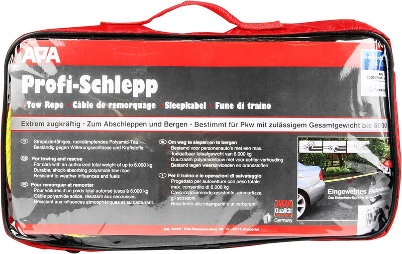 APA 26051 Abschleppseil Pkw Profi-SCHLEPP, bis 6000 kg, mit Reflektorstreifen, strapazierfähig, mit