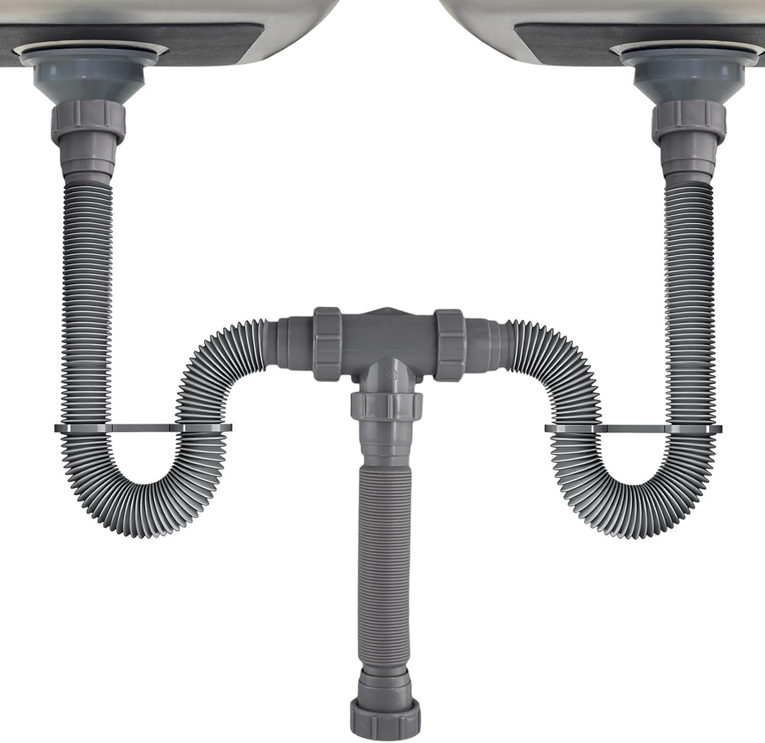 Verstellbares Doppel-Ablauf-Set, flexibles Abflussrohr, mit P-Trap-Design und Silikondichtungen für