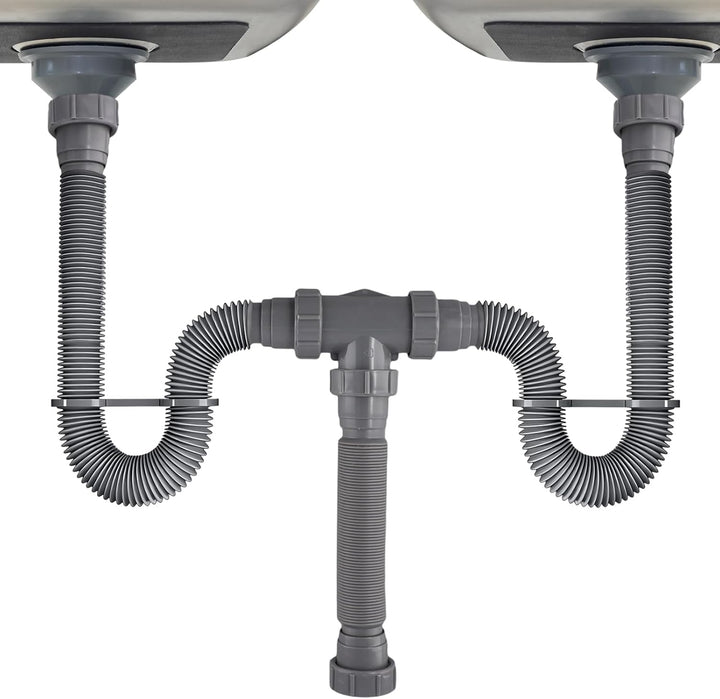 Verstellbares Doppel-Ablauf-Set, flexibles Abflussrohr, mit P-Trap-Design und Silikondichtungen für