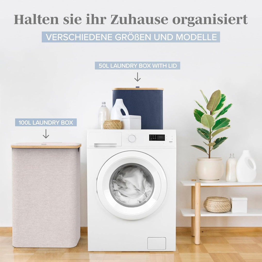 LONBET Wäschekorb mit Deckel 100L Gross - Stilvoller Wäschesammler Atmungsaktiv mit Stabilem Bambus-
