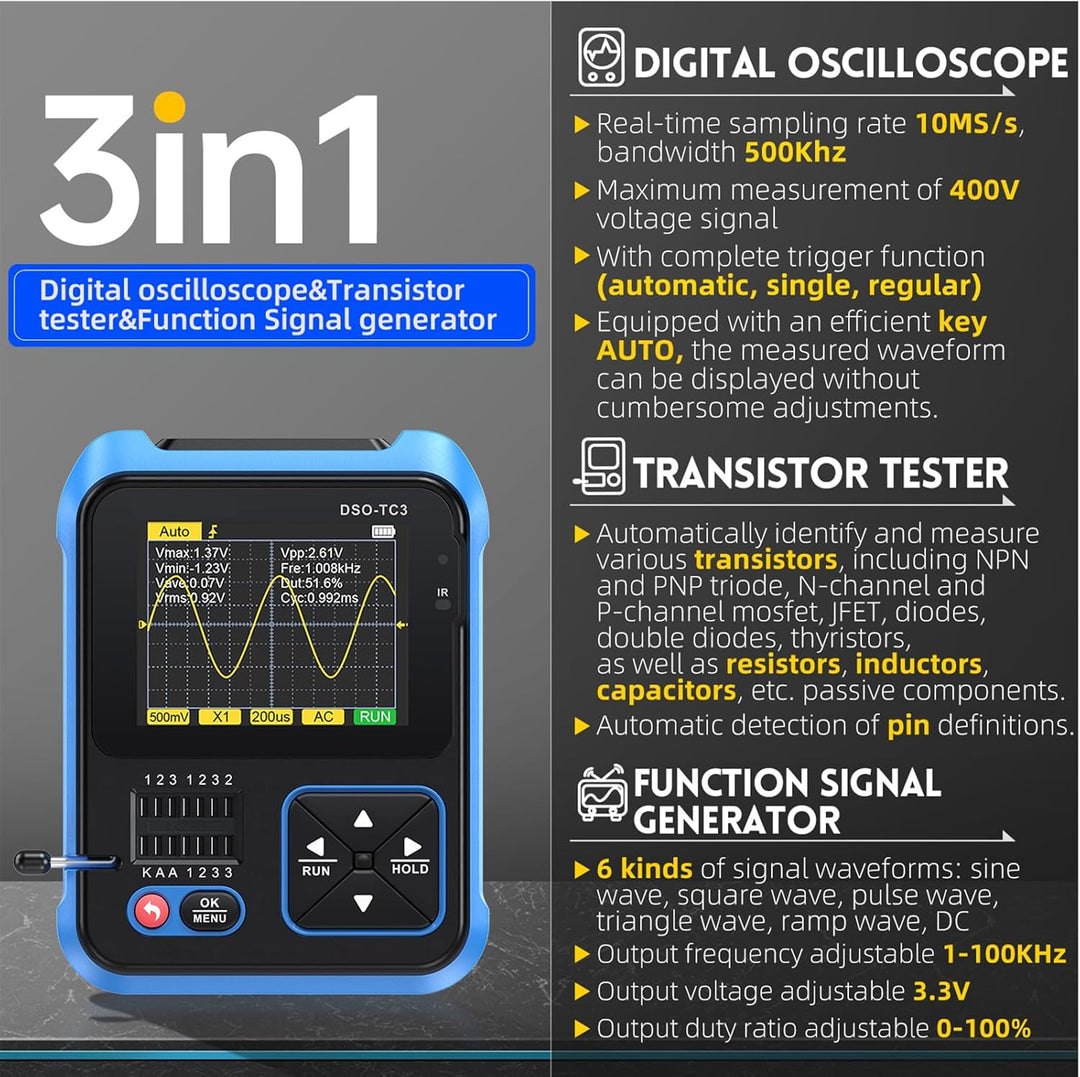 Jadeshay Oszilloskop, DSO-TC3 3-in-1 tragbares digitales Handoszilloskop, Transistortester und Signa