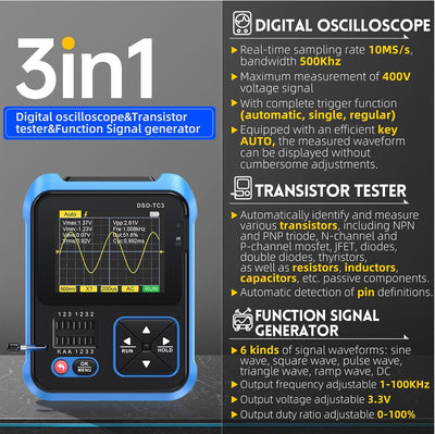Jadeshay Oszilloskop, DSO-TC3 3-in-1 tragbares digitales Handoszilloskop, Transistortester und Signa