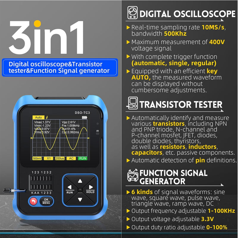 Jadeshay Oszilloskop, DSO-TC3 3-in-1 tragbares digitales Handoszilloskop, Transistortester und Signa