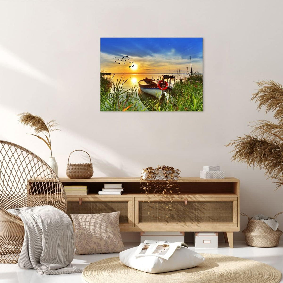 Bilder auf Leinwand Boot See Sonnenuntergang Sommer Menschen Leinwandbild 70x50cm Wandbilder Dekorat