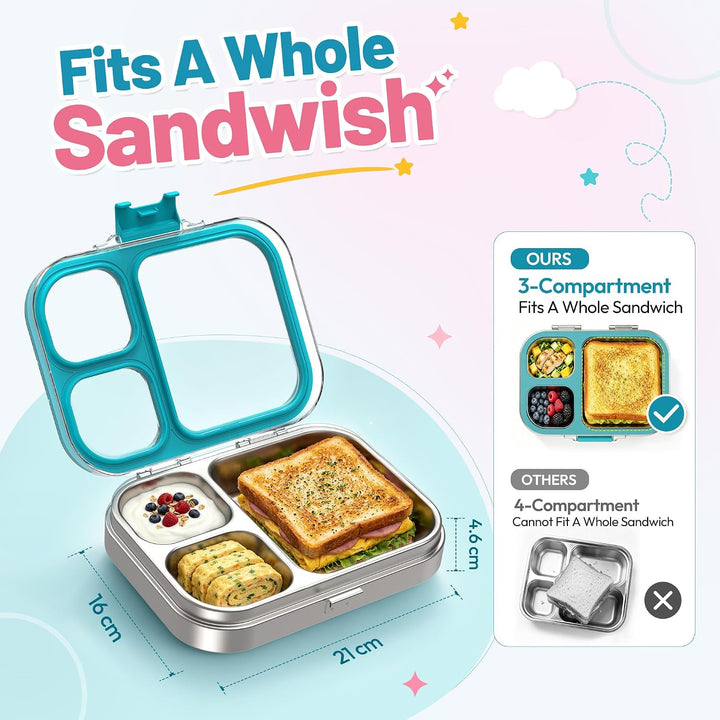 VITONIS Edelstahl Brotdose Lunchbox mit 3 Fächern, Bento Lunch Box Kinder Auslaufsicher BPA frei, Sp