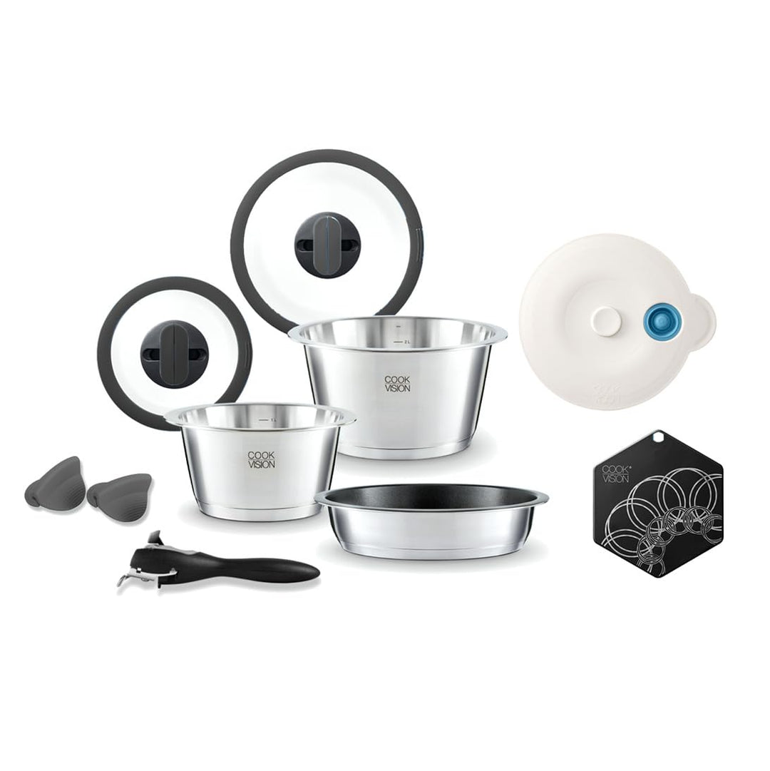Einsteiger-Set 10-tlg. schwarz, 2x Edelstahltöpfe und 1x Pfanne für alle Herdarten, 1x Glasdeckel, 1