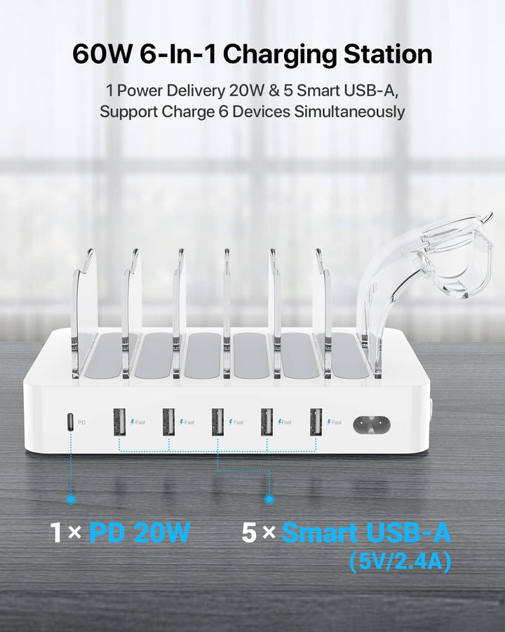 SooPii USB Ladestation 60W/12A,6-Port Dockingstation für mehrfach Geräte with PD 20W Schnellladung f