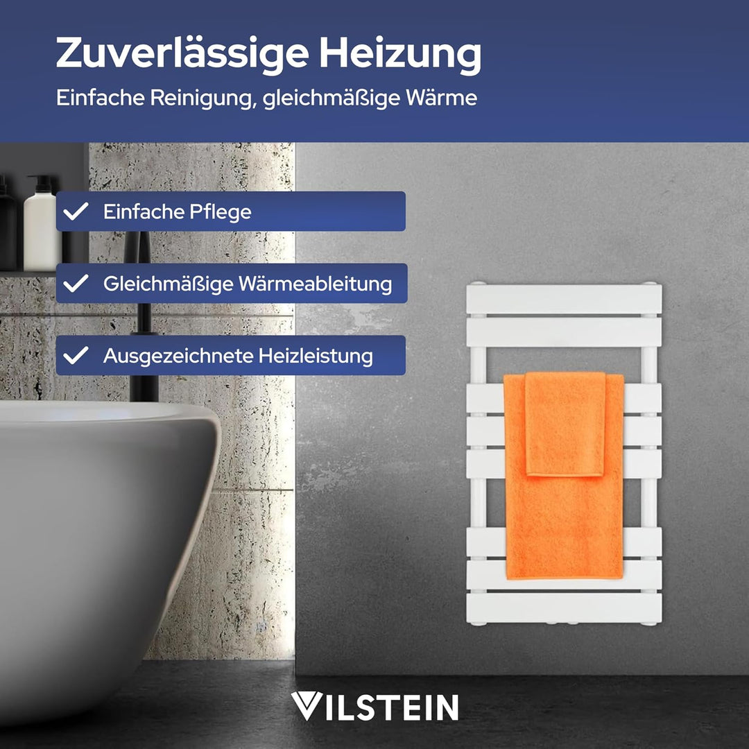 VILSTEIN Badheizkörper, Flach, Weiss, Seitenanschluss und Mittelanschluss, 800x450 mm 376W - 80 x 45