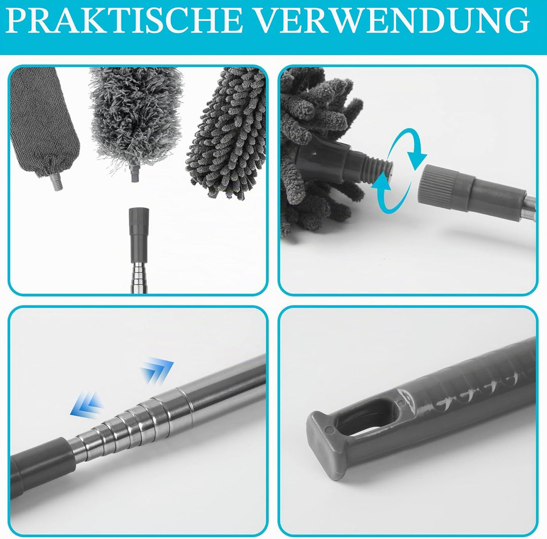9 Stück Staubwedel Teleskop Waschbar,Staubwischer mit Teleskopstange,Waschbar Staubwedel Lang Auszie