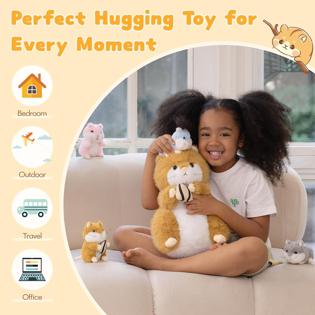 MorisMos 5 stücke Hamster Plüschtier Set, 32cm gross süss Hamster Kuscheltier XXL mit 4 Babys im Bau