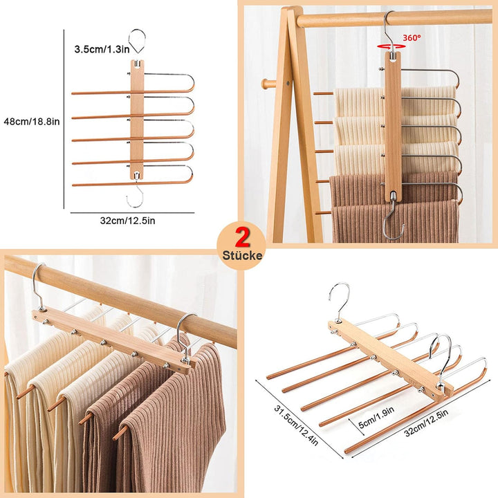 2 Stück 5in1 Hosenbügel Platzsparend,Edelstahl Hosenbügel rutschfeste Robuster, Holz Hosenkleiderbue