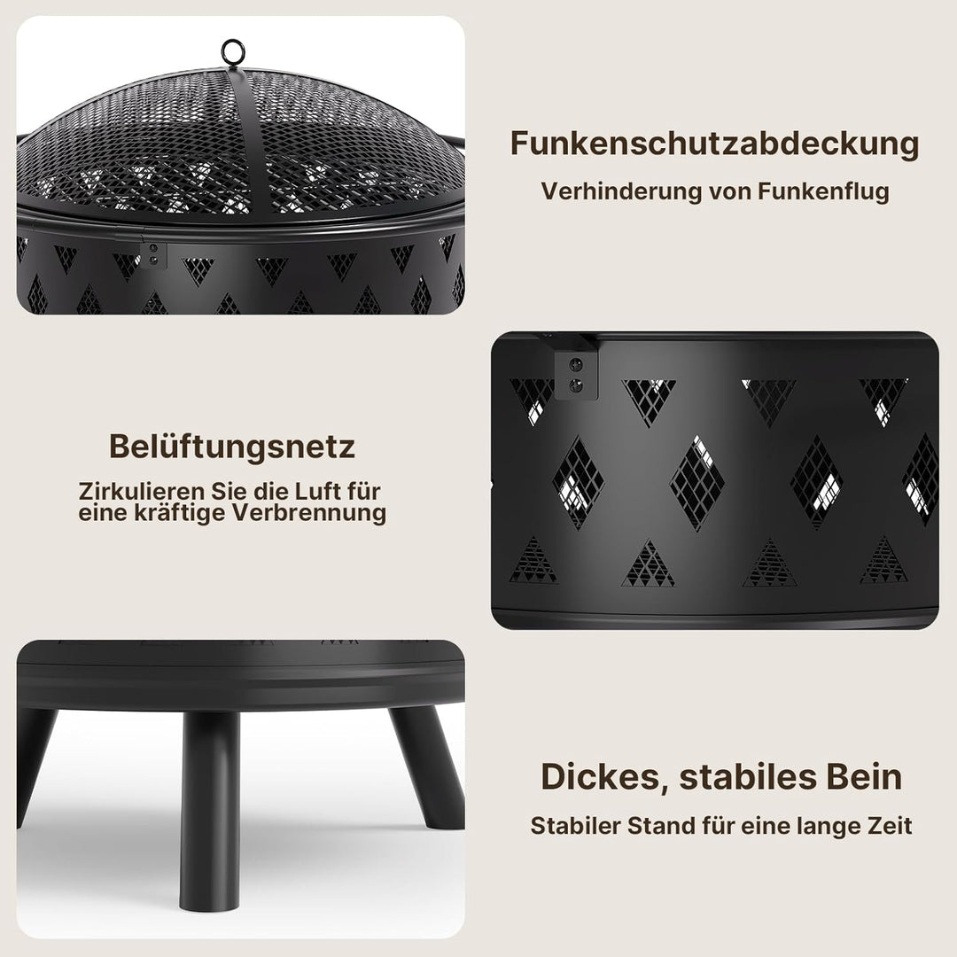 Xbro Ø 76 cm Feuerschale mit Funkenschutz und Schürhaken,Feuerschale für den Garten, mit Grillrost,