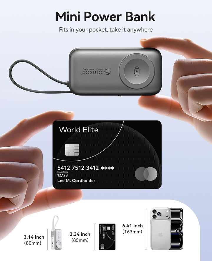 ORICO Mini Powerbank 5000mAh, PD 22,5W Externe Handyakkus mit Klappbarem USB-C Stecker & USB-C Kabel