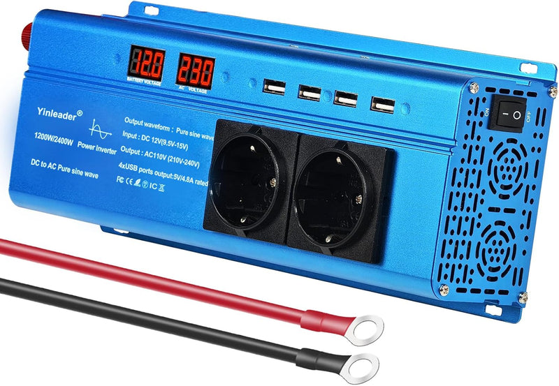 Yinleader Wechselrichter 12V 230V 1200W / 2400W Reiner Sinus-Spannungswandler 2 Steckdosen und 4 USB