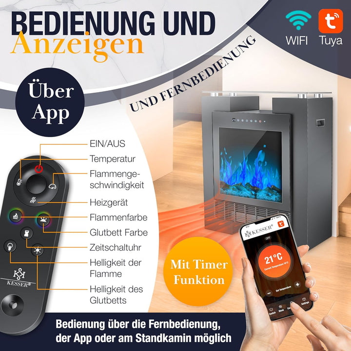 KESSER® LED Kamin mit Heizung elektrisch | Heizlüfter Elektrokamin mit Thermostat, Standkamin mit re