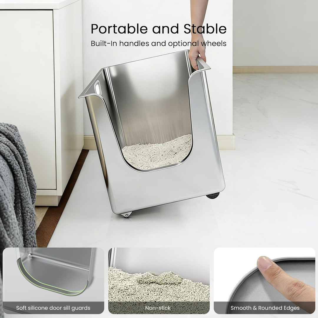 PTLOM Lebensmittelechtes Katzenklo Edelstahl XXXL Katzentoilette 35cm Hohe Ränder Rostfrei,Auslaufsi