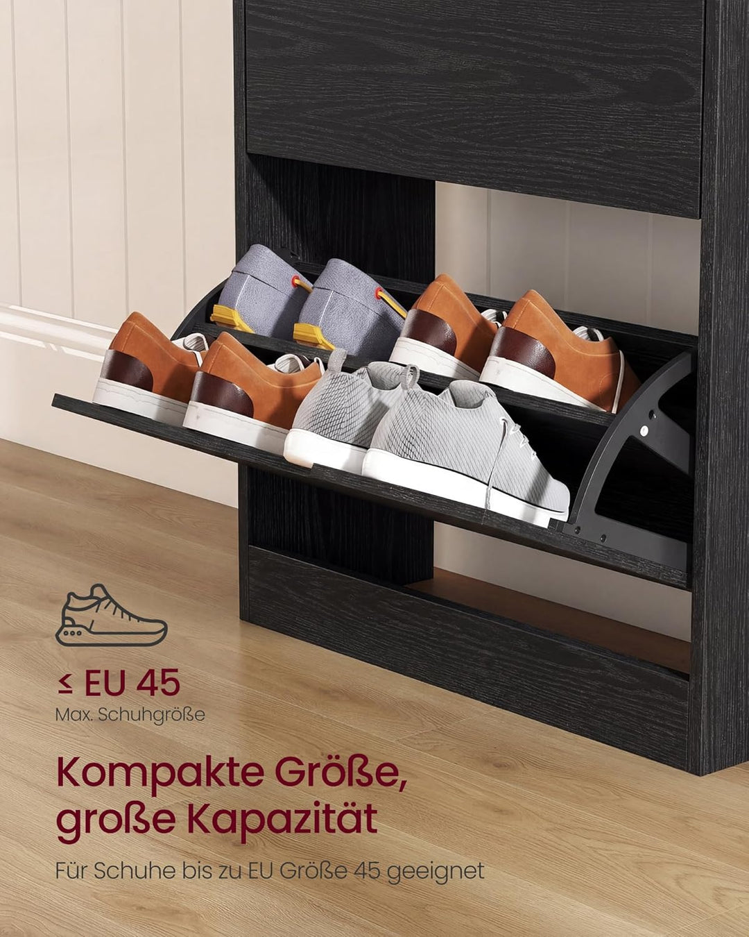 VASAGLE Schuhschrank 3 Klappen, Schuhkipper, Schuhregal, Schuhaufbewahrung, offenes Fach, Trennwand